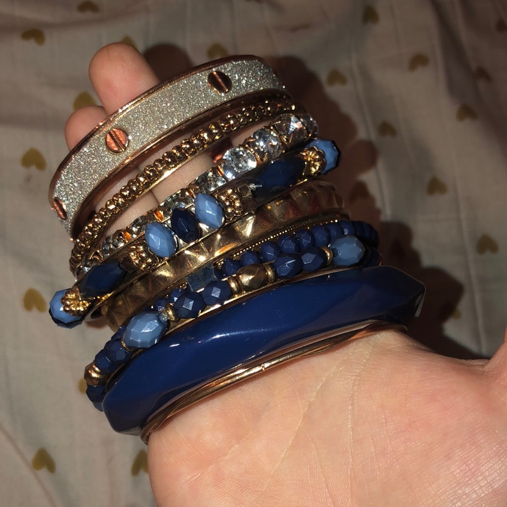 Set of 10 blue and gold bracelets